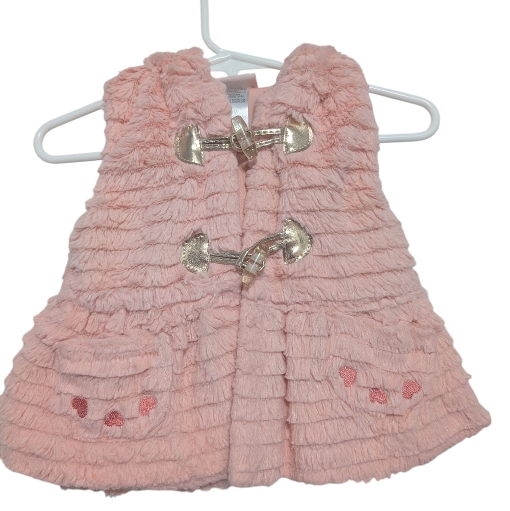 Little Lass Pink Furry Hoodie Vest with Heart Accents Baby Girl Size 6-9 Months